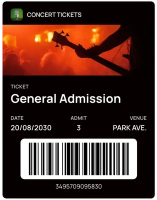 Concert ticket pass with a date, admit count, venue and barcode