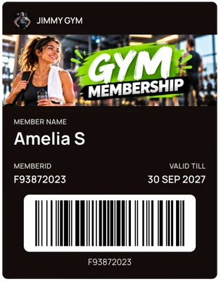 Gym membership pass with a member name, member ID and barcode