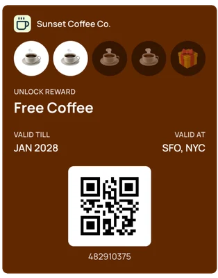 Loyalty pass with a row of stamps and a free-coffee reward