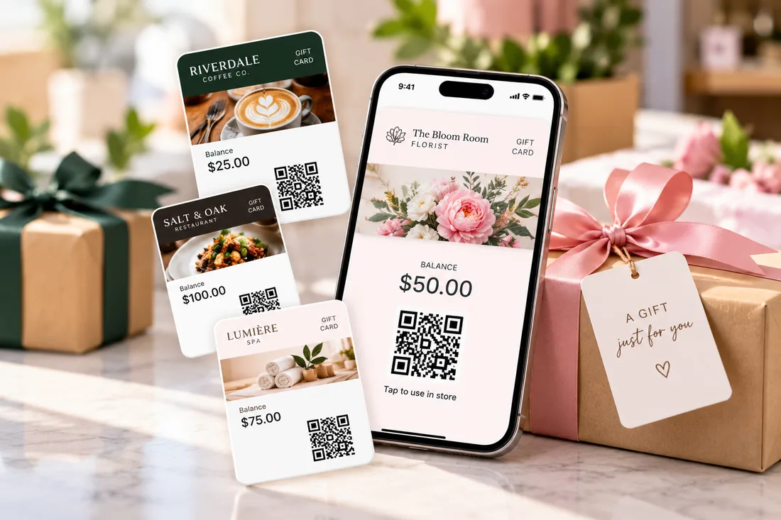 Digital gift cards for a coffee shop, a restaurant, a spa and a florist, saved in a phone wallet