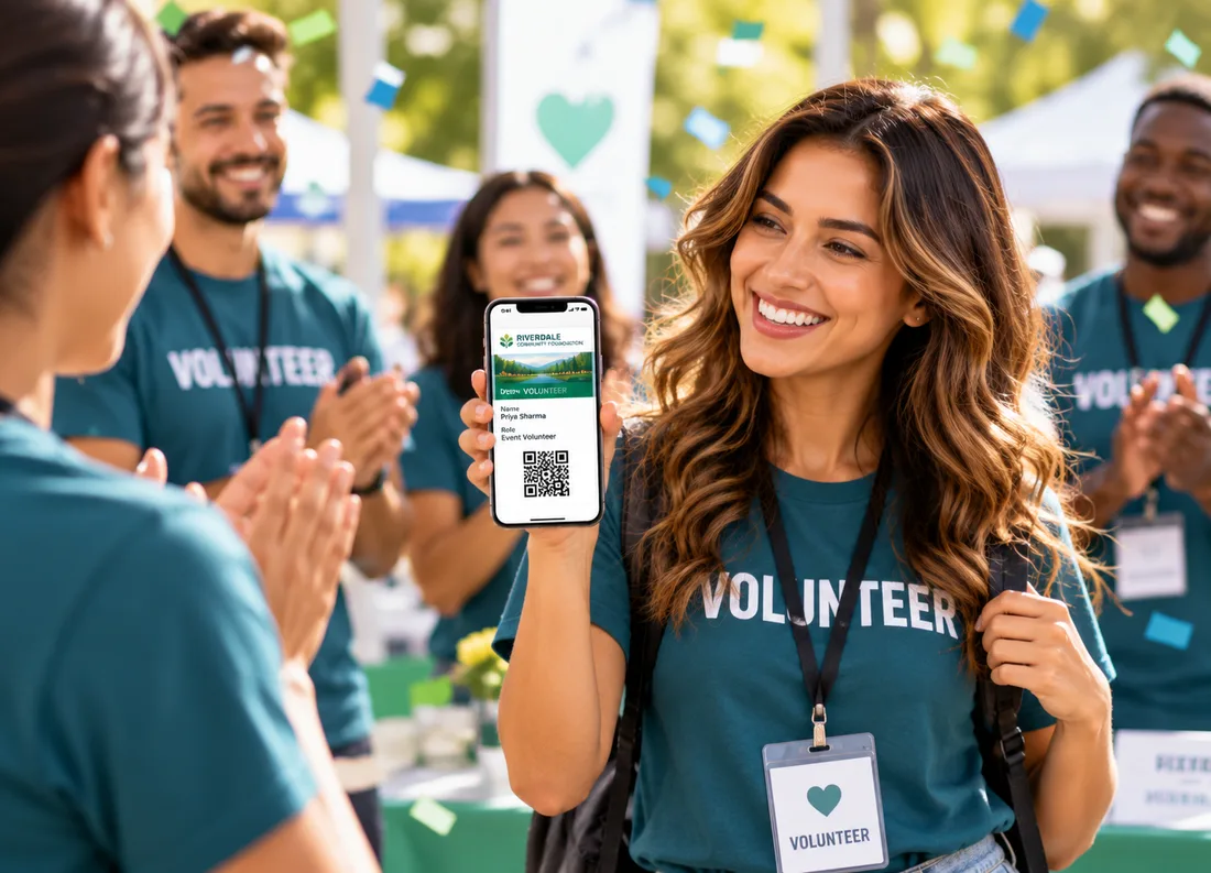 A volunteer holding up a digital volunteer pass on her phone at a community event